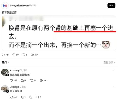 这是一张 X 平台的社交媒体截图。发帖者 bemyfriendsvpn 配文“换肾就是加肾”，下方内嵌一段被红线下划线标注的文字：“换肾是在原有两个肾的基础上再塞一个进去，而不是摘一个出来，再换一个新的……”。这个说法利用了“换”字容易让人联想到“拆下旧的、装上新的”的直觉，制造认知反差。实际肾移植手术中，供体肾通常会被放置在患者下腹部的髂窝处并连接血管和输尿管，原有肾脏一般不会摘除，除非存在感染、严重高血压等特殊情况，因此术后患者体内确实可能有三个肾。不过“塞一个进去”是通俗且略显粗糙的说法。热门评论中，katsuwp 问“那原肾还能启动吗？”把肾脏比作发动机或电子设备，属于拟人化、机械化的搞笑追问；真实情况是肾脏不存在“启动”开关，原肾可能仍保留部分功能，也可能基本失去功能，移植肾会承担主要的滤过和排尿功能。另一位用户 9estapo 评论“删了让我发”，意思是觉得这个梗很好，想让原帖删除后由自己来发。