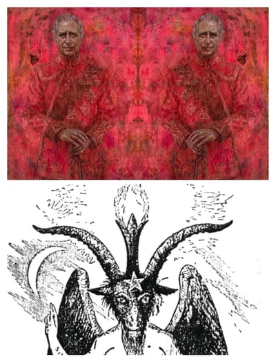 图片分为上下两部分。上半部分是一位身着红色传统服饰的老者镜像图，背景为浓烈的红色调，人物表情严肃，双手交叠身前。下半部分是经典的巴弗灭(Baphomet)符号线稿，该形象具有山羊头、巨大弯角、蝙蝠翅膀，额头有五角星标志，整体呈现神秘暗黑风格。两部分图像形成强烈视觉对比，可能存在某种象征或隐喻关联。