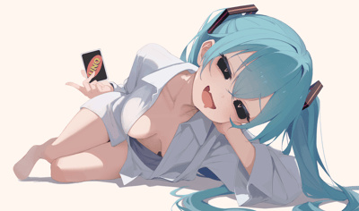 插画中是一位有着蓝绿色长发的少女，扎着双马尾，发尾带有渐变效果。她穿着一件宽松的白色衬衫，衣扣未完全扣上，露出部分肩膀和胸部。少女以俏皮的姿势侧卧在地，右手撑着头，左手举起一张黑色的UNO卡牌，卡牌上有醒目的红色'UNO'字样。她的表情带着一丝狡黠和笑意，眼睛半眯，嘴角上扬，整体画面呈现出轻松活泼的氛围。