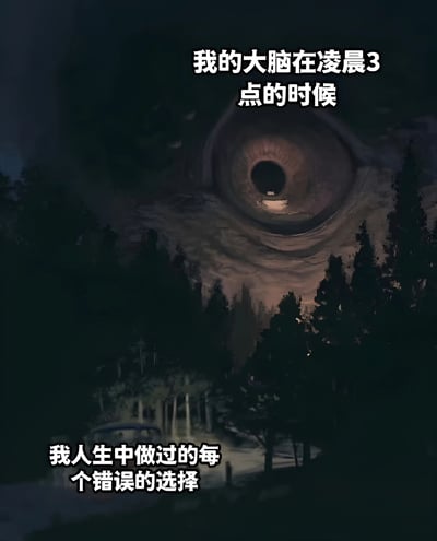 这张图片采用了黑暗、神秘的视觉风格，画面中央是一只巨大的、令人不安的眼睛，瞳孔深邃黑暗，仿佛能吞噬一切。眼睛下方是黑暗的森林和一条小路，营造出阴森恐怖的氛围。图片上方配有文字"我的大脑在凌晨3点的时候"，下方配有文字"我人生中做过的每个错误的选择"，通过夸张的视觉表现和文字结合，幽默地表达了人们在深夜难以入睡时，大脑反复回想过去错误决定的常见体验。