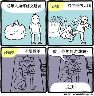 这是一幅四格搞笑连环漫画，以“成年人如何结交朋友”为主题，用荒诞夸张的方式呈现交友过程。第一格中，小个子躲在云朵后注视着路过的大个子；第二格是步骤1，小个子突然跳出紧紧抱住大个子的大腿，大个子愤怒地挣扎；第三格是步骤2，到了夜晚，小个子依然没有撒手，抱着躺在床上的大个子的腿，大个子满脸无奈；第四格中，小个子抬头笑着问“哎，你想打游戏吗？”，画面下方标注“成功！”，最终以这种极端纠缠的方式完成了交友，充满黑色幽默，调侃了成年人社交的另类可能性。