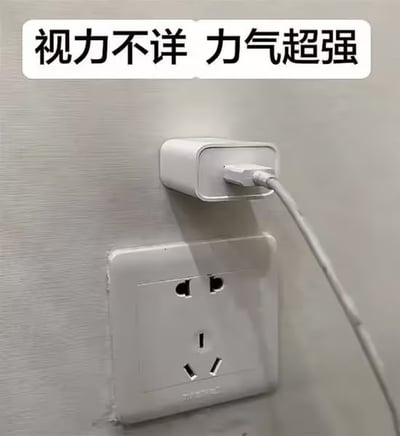 图片展示了一个白色墙壁插座，插座面板为五孔设计，位于图片下方；插座正上方的墙面上，有一个白色的充电器（或插头转换器）未插入插座，而是横向固定在墙面上，其侧面连接着一根白色电缆自然下垂。图片顶部有一个白色背景的黑色文字框，内容为“视力不详 力气超强”。通过幽默的文字与错位的插头场景结合，调侃该插头“视力不好”（未能准确插入插座）却“力气极大”（能不借助插座固定在墙面上），形成反差萌的搞笑效果。
