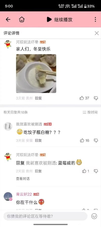这是一张社交媒体评论区截图，展示了用户围绕冬至吃饺子的互动场景。顶部用户“河坝玩法吓晕”发布动态“家人们，冬至快乐”，并配上一盘饺子的照片（筷子夹起一只饺子，饺子置于白色盘中）。下方评论区中，用户“我就喜欢被剧透”疑惑发问“吃饺子蘸白糖？？？”，引发热议。原博主随后回复“蓝莓咸的 😆”，展现了不同饮食偏好的趣味碰撞。界面显示评论来自3天前（贵州）和2天前（安徽），共18条相关回复，充满节日氛围与生活化互动。