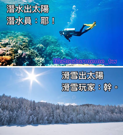 图片分为上下两部分进行对比。上半部分是水下场景，一名潜水员穿着潜水装备，戴着黄色脚蹼，在色彩斑斓的珊瑚礁旁潜水，背景是清澈的蓝色海水，上方配有文字“潜水出太阳 潜水员：耶！”，展现出潜水员遇到晴天的开心情绪。下半部分是雪地场景，地面和树木都覆盖着白雪，天空晴朗，太阳光芒四射，右侧配有文字“滑雪出太阳 滑雪玩家：幹。”，体现出滑雪玩家遇到晴天的无奈反应。通过对比幽默地展现了不同运动爱好者对晴天的相反态度：潜水员因阳光增加水下能见度而高兴，滑雪玩家则因阳光导致积雪融化影响滑雪条件而沮丧。