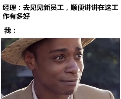 图片上方为文字对话，经理说“去见见新员工，顺便讲讲在这工作有多好”，下方“我：”后配一张戴草帽、穿米色西装的男性侧脸截图，人物眼神复杂、表情严肃，形成强烈反差，暗示员工内心对“工作有多好”的真实想法与需传达内容不一致，充满职场讽刺幽默感。