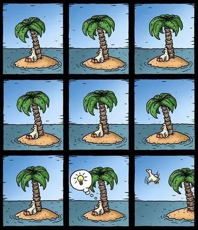 这是一幅九宫格形式的连环卡通漫画，讲述了一只被困在仅有一棵椰子树的小孤岛上的鸭子的故事。前六格画面中，鸭子不断变换位置，最终将身体紧贴椰子树的树干底部，视觉上仿佛椰子树是它的长脖子，完成了伪装。第七格中，鸭子上方出现带有灯泡的思考气泡，表明它想出了办法。第八格是鸭子处于思考后的状态，第九格中鸭子展翅飞离了小岛，只留下那棵椰子树独自留在孤岛上。漫画以荒诞的方式制造笑点，鸭子没有采取常规的逃生手段，而是用伪装后直接飞走的简单方式脱离困境，充满了无厘头的幽默感。