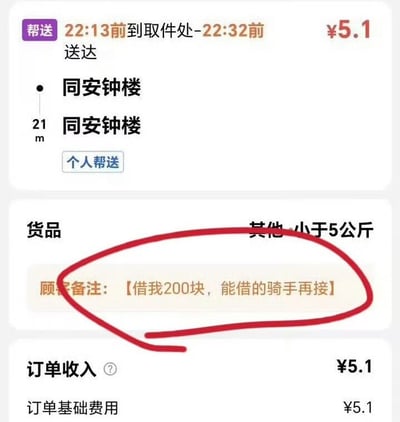 这是一张同城帮送平台的订单截图，订单的取件和送件地址都是同安钟楼，二者距离仅21米，配送酬劳为5.1元，要求在19分钟内完成取送。最离谱的是顾客的订单备注，明确要求接单的骑手要借给用户200元才可以接这个单，该备注内容被红色圆圈特意标注出来，整体内容极具荒诞搞笑效果，反映了部分不合理的平台订单诉求。