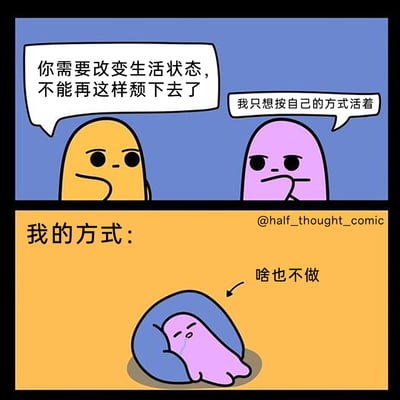 这是一幅由上下两格组成的原创卡通幽默漫画，第一格中，黄色卡通角色以严肃的神态、手托下巴的动作，劝说紫色卡通角色“你需要改变生活状态，不能再这样颓下去了”，紫色卡通角色则带着不耐烦的表情，同样手托下巴回应“我只想按自己的方式活着”；第二格则揭晓了紫色角色的“自己的方式”——躺在枕头上完全放松，啥也不做。漫画用直白又搞笑的方式，精准刻画了当代部分年轻人面对他人的正向劝说时，坚持选择“躺平摆烂”的心态，引发共鸣。