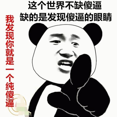 一张熊猫头表情包图片，角色为卡通熊猫头部结合人类面部表情，表情呈现出嘲讽和得意。图片上方有黑色文字“这个世界不缺傻逼 缺的是发现傻逼的眼睛”，左侧有垂直排列的红色文字“我发现你就是一个纯傻逼”。角色右手伸出，手指向前方，仿佛在指向被嘲讽的对象。该图通过改编“世界不缺少美，而是缺少发现美的眼睛”这一常见说法，用反讽的方式达到幽默调侃的效果。