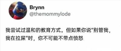 这是一张X（原Twitter）平台的社交媒体静态截图，整体为横版图文混排样式。截图左上角是用户Brynn的蓝色卡通形象头像，右侧是用户的账号名和ID，下方是用户发布的吐槽文字："我尝试过温和的教育方式。但如果你说'别管我，我在拉屎'时，你不可能不带点愤怒"。这段文字生动地展现了家长在育儿过程中，原本想保持温和，却被孩子的言行激怒的无奈又真实的情绪，容易引发同为家长的群体共鸣，充满生活趣味。