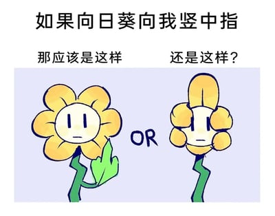 这是一张充满趣味脑洞的手绘卡通漫画，采用左右对比的图文混排形式呈现。顶部配有文字“如果向日葵向我竖中指”，引出两种拟人化的设想：左侧标注“那应该是这样”，对应一朵表情严肃、眉头微蹙的卡通向日葵，它用绿色的叶片模仿人类做出竖中指的动作；右侧标注“还是这样？”，对应同一形象的向日葵，将一片黄色花瓣变形为中指的形态，两朵花中间用“OR”字样连接。整体画风可爱诙谐，通过拟人化的创意，把向日葵的形态和人类的动作结合，打造出一个无厘头的趣味脑洞场景，给人轻松搞笑的观感。