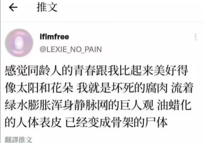 这是一张X平台（原推特）的推文截图，用户@LEXIE_NO_PAIN用极具冲击力的夸张比喻，将同龄人的青春比作美好的太阳与花朵，却把自己形容为坏死腐肉、流绿水膨胀的巨人观尸体、油蜡化表皮的骨架尸体，通过强烈的反差感，直白地抒发了对自身状态的消极自嘲情绪，风格充满丧感与自我贬低。