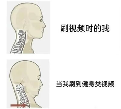 这是一张上下对比的图文混排静态图，通过两幅头部侧视图展现反差场景。上图为“刷视频时的我”，画面中人物颈椎明显向前弯曲，呈现出低头刷手机的典型不良姿势；下图为“当我刷到健身类视频”，同一人物的颈椎被红色箭头标注为挺直状态，形成鲜明对比。图片以幽默方式调侃了人们在日常刷视频时的放松姿态，与看到健身内容后下意识端正身体的真实反应，极具生活共鸣感。
