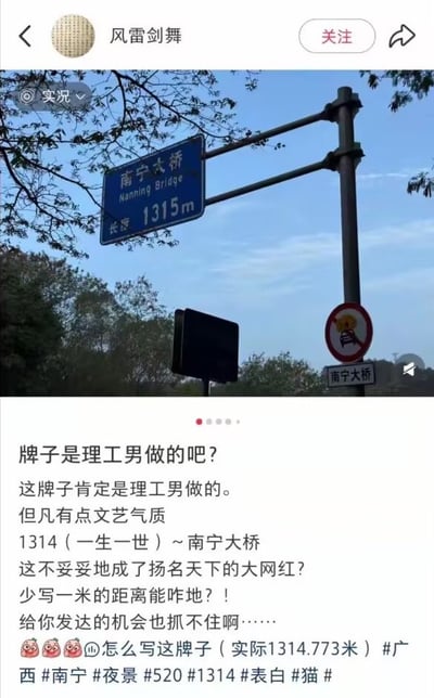 这张图是社交媒体内容截图，上半部分是户外实拍画面：蓝色道路指示牌标注距离南宁大桥还有1315米，旁边还有南宁大桥地名标识牌和禁鸣标识，背景是蓝天与树木。下半部分是发布者配文，调侃该路牌标注过于务实，称如果是有文艺气质的人设计，会把数值标注为谐音“一生一世”的1314米，就能让南宁大桥成为热门网红打卡点，还补充说明南宁大桥实际长度为1314.773米，末尾附带了广西、南宁、1314、表白等相关话题标签，整体风格诙谐搞笑，吐槽路牌错过打造浪漫营销点的机会。