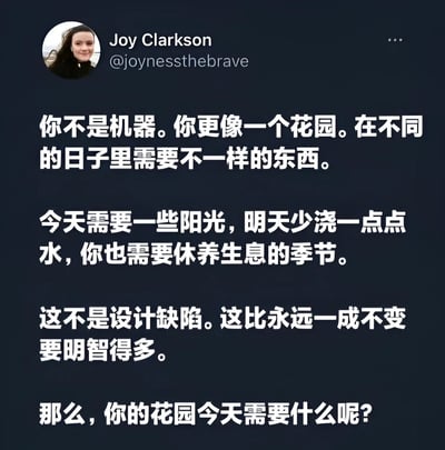 这是一张社交媒体截图，展示了用户Joy Clarkson的推文内容。推文以黑色背景搭配白色文字，顶部显示用户头像（一位微笑的女性）、用户名“Joy Clarkson”及推特 handle“@joynessthebrave”。正文通过“花园”这一比喻传达自我关怀的理念，指出人不是机器，在不同日子需要不同的对待（如阳光、少浇水、休养生息的季节），强调这种变化并非缺陷而是智慧，并以“你的花园今天需要什么呢？”结尾引发思考。