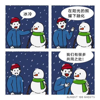 这是一幅四格连环卡通漫画，背景设定在下雪的夜晚。第一格中，戴着红色针织帽、蓝色外套的尖牙男子（吸血鬼）伸手触摸雪人，开口评价“冰冷”；第二格中，男子继续说道“在阳光的照耀下融化”；第三格中，雪人露出疑惑的表情，男子则注视着雪人；第四格中，男子亲昵地搂着雪人，兴奋地宣告“我们有很多共同之处！”。漫画的核心笑点在于挖掘了吸血鬼与雪人的共同弱点：雪人在阳光下会融化，而吸血鬼畏惧阳光，在阳光下会被消灭（类似“融化”的结局），同时雪人的冰冷特质也和吸血鬼给人的“冰冷”印象契合，通过这种巧妙的共同点关联，制造出荒诞又幽默的趣味效果。