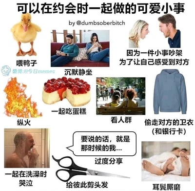 这是一张以“可以在约会时一起做的可爱小事”为主题的九宫格搞笑梗图，图中一共列出了12种所谓的“约会小事”，其中混杂了符合约会浪漫氛围的正常行为与荒诞离谱的搞笑行为，通过强烈的反差感制造幽默效果。正常行为包括喂鸭子、一起吃蛋糕、耳鬓厮磨、看人群等，而荒诞行为则有纵火、偷走对方的卫衣和银行卡、一起在洗澡时哭泣、给彼此剪头发等，甚至还有“因为一件小事吵架为了让自己感受到对方”这种矛盾又搞笑的描述，用夸张、反套路的内容调侃情侣间的相处日常，打破了大众对“约会可爱小事”的常规认知，充满了戏谑感。