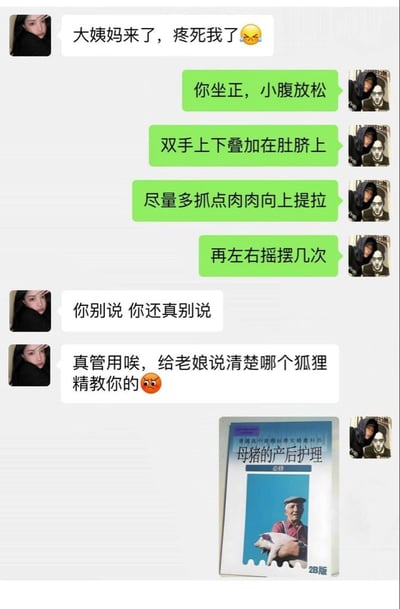 这是一张聊天记录截图形式的搞笑梗图。画面上方是用户1抱怨“大姨妈来了，疼死我了😭”，随后用户2连续发来四条绿色对话框的“止痛步骤”：“你坐正，小腹放松”“双手上下叠加在肚脐上”“尽量多抓点肉肉向上提拉”“再左右摇摆几次”。用户1试用后回复“你别说你还真别说”“真管用唉，给老娘说清楚哪个狐狸精教你的😠”，最后一张图显示一本名为《母猪的产后护理（28版）》的书籍封面，暗示用户2的“偏方”实际来自这本看似不相关的专业书籍，通过强烈的内容反差制造幽默效果。