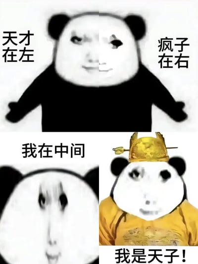 这张梗图分三部分，用熊猫头表情包表达“天才在左，疯子在右，我在中间，我是天子”的讽刺和幽默。上排分别写有“天才在左”“疯子在右”，表达两种极端。中排熊猫头表示自己夹在中间，最后一格换上龙袍称“我是天子！”，用“天子”与“天才”的谐音形成出其不意的反转和搞笑效果。整体风格带有自嘲和玩梗属性，经典地体现了网络文化中的谐音与自黑梗。

**谐音梗说明：**
最后一格“我是天子！”利用“天才”与“天子”的发音相近，玩出幽默转折。