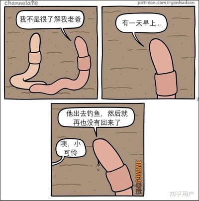 一只蚯蚓和另一只蚯蚓正在‘谈心’，其中一只回忆自己的父亲有天早上出门钓鱼再也没回来的事情。漫画用动物的视角演绎了人们用蚯蚓钓鱼的现实，带有反差和黑色幽默。

梗点在于“蚯蚓出门钓鱼”，实际上是被人类当作鱼饵，而永远没回来，采用了拟人化和身份对调的荒诞幽默。
