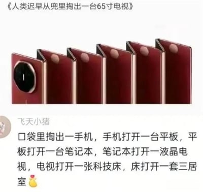 图片上方配有标题《人类迟早从兜里掏出一台65寸电视》，中间展示了一排深红色折叠屏设备，从左到右尺寸逐渐增大，每个设备正面有圆形摄像头模组，呈现出折叠屏技术不断升级的视觉效果。下方是用户“飞天小猪”的调侃评论，将折叠屏设备的发展夸张为“手机→平板→笔记本→电视→科技床→三居室”的递进，用幽默方式吐槽科技产品尺寸演变的脑洞。