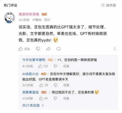 这是一张哔哩哔哩平台的评论区截图，展示了用户围绕AI生图工具的使用体验展开的讨论。位于最上方的热门评论由LV5用户“香菜拌折耳根”发布，IP属地为四川，发布时间为4小时前，内容为称赞豆包AI生图功能在细节处理、光影效果、文字生成、审美水平等方面表现都远优于GPT，生成内容更加自然，GPT的生图效果有时会很违和，直言豆包是永远的神，该评论获赞856次。下方有三条高赞回复，分别为LV4用户“今天也要早睡鸭”表示认同，认为豆包生成的图片视觉体验很舒适，获赞123次；LV5用户“AI绘图小白”提到豆包对中文的理解能力更强，不需要复杂的提示词就能生成优质图片，而GPT需要花费大量时间调试参数，获赞78次；LV6用户“我要暴富版”表示使用过豆包生图后就无法再用回其他工具，体验非常好，获赞49次。界面底部还显示该评论下共有27条回复，完整呈现了B站评论区的典型界面布局，包含用户等级标识、发布时间、点赞回复按钮等元素。