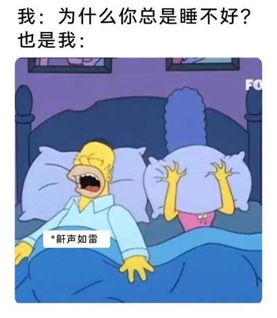 这是一张改编自动画场景的搞笑梗图，图上方用文字构建了自我对话的矛盾场景：“我：为什么你总是睡不好？也是我：”，下方是《辛普森一家》的动画截图，霍默·辛普森躺在床上大张着嘴，标注着“*鼾声如雷*”，旁边的玛姬·辛普森用枕头紧紧捂住头，双手露出，表现出被鼾声吵得烦躁不堪、无法入睡的状态。这张图用自我分裂的方式，调侃了很多人一边疑惑自己睡眠质量差，一边又在无意识中制造影响睡眠的因素的矛盾又无奈的日常，十分生动有趣。