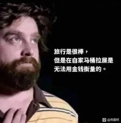图片中是一位留着胡子的男性，穿着黄棕色条纹衬衫，表情严肃地侧头望向一侧，左手轻放胸前。图片右侧配有文字：“旅行是很棒，但是在自家马桶拉屎是无法用金钱衡量的。”，通过幽默的方式对比了旅行的美好与居家生活中使用自家马桶的舒适便捷，展现出一种接地气的生活调侃，没有双关或谐音梗，纯粹以反差感制造笑点。