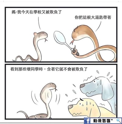 这是一幅两格连环搞笑谐音梗漫画，第一格中，长着耳朵的小蛇流着眼泪向蛇妈妈哭诉，称自己今天在学校又被其他同学欺负了；蛇妈妈用身体缠住一根大汤勺，让小蛇把这根大汤匙带在身上，告诉小蛇碰到坏同学的时候把汤匙含着就不会被欺负了。第二格中，小蛇按照妈妈的说法把大汤匙含在口中，一旁的两只狗同学看到后吓得浑身冒汗、身体发抖，十分恐惧；该漫画利用中文谐音，“含匙蛇”谐音著名恐怖角色汉尼拔，制造了反差笑点。