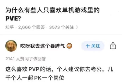 这张图片是知乎问答页面的截图，顶部的问题为“为什么有些人只喜欢单机游戏里的PVE？”，标注该问题有2666个回答、3573人关注。昵称为“哎呀我去这个暴脾气”的用户发布的回答获得了2141个赞同，内容为“这么喜欢PVP的话，个人建议你去考公，几千个人一起PK一个岗位”，将游戏领域的玩家对战术语PVP类比考公时数千人竞争同一个岗位的激烈竞争现状，用反差玩梗的方式吐槽公考竞争难度大，也回应了提问者对部分玩家偏好PVE的疑问。