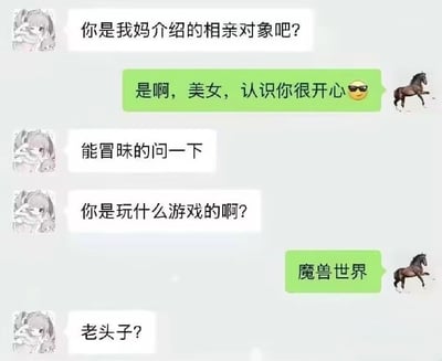 这是一张模拟社交软件聊天界面的梗图，展现了两名相亲对象的对话过程：首先女方开口确认对方是自己母亲介绍的相亲对象，男方给出肯定回复并礼貌表达好感，随后女方询问男方平时玩什么游戏，男方回答玩《魔兽世界》，女方随即给出“老头子？”的反问，通过对老牌网游玩家年龄的刻板印象制造笑点，调侃《魔兽世界》受众年龄偏大，玩这款游戏的人在年轻人眼里已经是长辈级别。