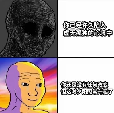 这是一张由上下两部分组成的对比式治愈梗图，上半部分是深色压抑背景下的抑郁Wojak形象，角色面部空洞阴郁，配文“你已经许久陷入虚无孤独的心境中”，精准描绘出长期处于精神低落、被虚无孤独感包裹的状态；下半部分是被暖金色夕阳笼罩的Wojak形象，背景是绚烂的粉紫橙渐变黄昏天空，角色表情平静温和，带着淡淡的释然，配文“你还是没有任何改变但这时夕阳照常升起了”，传递出即便自身仍未走出情绪低谷，外界的日常美好依然会按时降临的温柔感。整张图通过强烈的视觉与文字对比，引发情绪低落人群的共鸣，传递出接纳现状、感受日常温暖的治愈情绪。