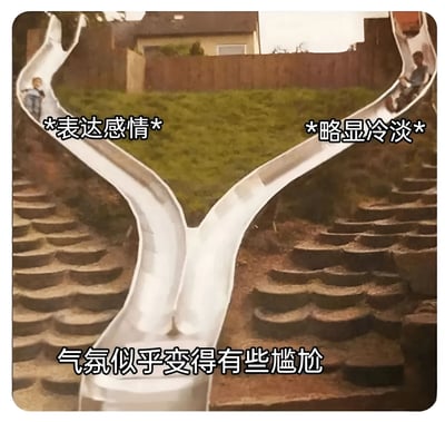 图片展示了一个Y型分叉滑梯，左右两侧各有一个孩子准备滑下。左侧滑梯上方配有文字“*表达感情*”，右侧滑梯上方配有文字“*略显冷淡*”，底部中央有文字“气氛似乎变得有些尴尬”。这张图通过滑梯分叉的视觉效果和文字对比，幽默地表现了人际交往中一方热情表达而另一方反应冷淡时的尴尬场景。