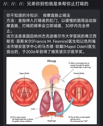 这张图属于图文混排的趣味科普内容，顶部先是配有调侃式的引入文字“兄弟你别怕我是来帮你止打嗝的”，接下来介绍了非常猎奇的“按摩直肠止嗝法”的具体操作方式，同时说明该方法由两名医生提出，还在2006年获得了搞笑诺贝尔医学奖；图片下半部分搭配了标注为英文的打嗝生理原理科普示意图，解释了打嗝是横膈膜痉挛、声门突然关闭导致气流中断产生的机制，整体内容既包含真实的趣味冷知识，又带有反差搞笑的效果。