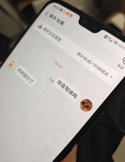 图片展示了一部手机屏幕上的外卖配送聊天界面，显示骑手状态为“正在送货”，预计送达时间18:45-19:00。用户在18:47发送消息“呵呵改行了”和“你会写吗”，骑手尚未回复。整体场景呈现了外卖配送过程中的趣味互动对话。