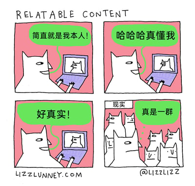 这是一幅四格连环卡通漫画，主题围绕网络共鸣内容展开。前三格呈现的是同一只白色卡通猫的场景：它坐在笔记本电脑前，看着屏幕里的猫形象，依次发出“简直就是我本人！”“哈哈哈真懂我”“好真实！”的感叹，面带微笑，神情充满认同，表现出对网络内容的强烈自我代入感。第四格是标注为“现实”的场景，这只之前独自上网的猫身处一群表情平淡的猫之中，心里暗自想着“真是一群”，揭示了所谓“懂自己”的共鸣内容并非专属，而是能引发大众普遍感受的批量内容，通过前三格的自我认同与第四格的现实场景形成幽默反差，讽刺了网络用户对“个性化共鸣”的错觉。漫画顶部的英文标题“RELATABLE CONTENT”意为“有共鸣的内容”，点明了漫画的核心主题。