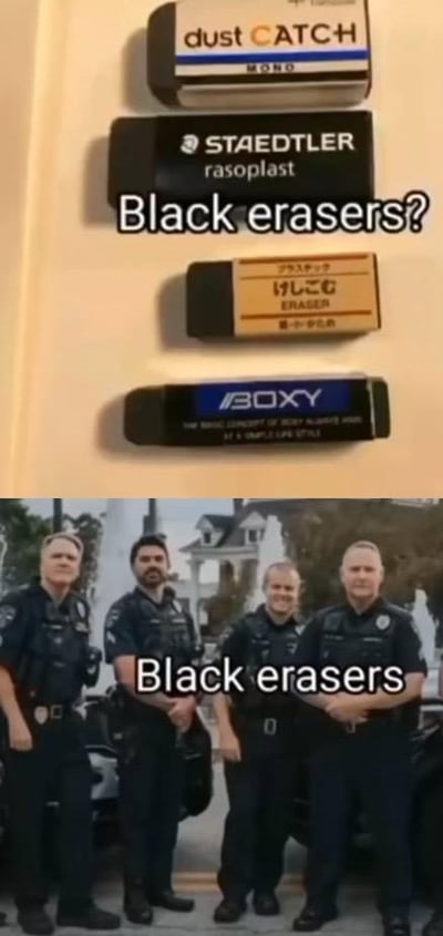 上图展示了四块不同品牌的黑色橡皮（包括STAEDTLER、BOXY等），上方配有疑问文字“Black erasers?”；下图为四名身着深色制服的警察并肩站立，图片下方标注“Black erasers”。通过上下图文对比制造幽默效果，利用“黑色橡皮”这一重复表述与警察形象形成荒诞联想，核心笑点在于场景错位带来的意外感。
