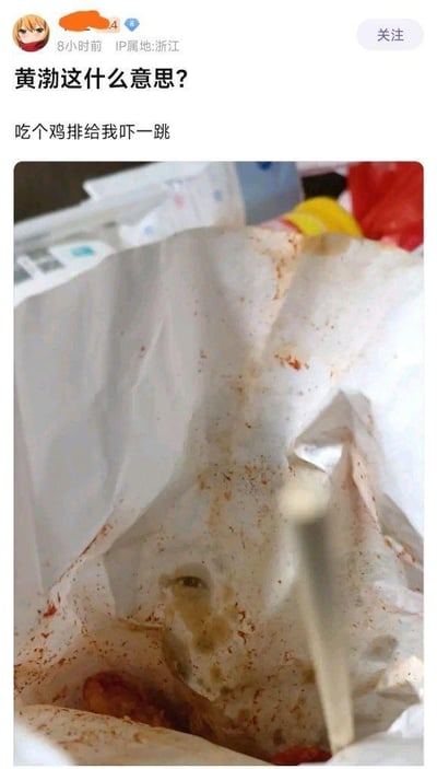 这是一张国内社交平台的用户发帖截图，发帖人IP属地为浙江，发布于8小时前，头像是二次元风格女性形象。发帖文案为“黄渤这什么意思？吃个鸡排除给我吓一跳”，并附带一张鸡排包装袋的实拍图：袋内残留着鸡排的残渣、酱料和调味粉，其中一块残渣的外形与演员黄渤的面部轮廓有相似之处，发帖人借此外形撞脸的巧合玩梗，用黄渤的名字来调侃这块意外出现的残渣，制造出搞笑的效果。