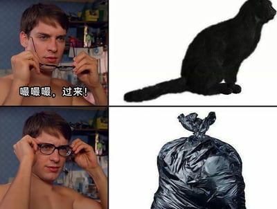 这是一张由四格画面组成的搞笑连环梗图，左上画面是未戴眼镜的彼得·帕克，配文“嘬嘬嘬，过来！”，试图召唤右上画面里的黑色猫咪；左下画面是彼得·帕克戴上眼镜的样子，右下画面则呈现出他戴上眼镜后看清的“黑猫”实际是一个系紧袋口的黑色垃圾袋。该梗图利用近视人群不戴眼镜时视物模糊的特点，结合黑猫与黑色垃圾袋的视觉相似性，制造出认错物体的乌龙笑点，贴近近视人群的日常体验，十分诙谐有趣。