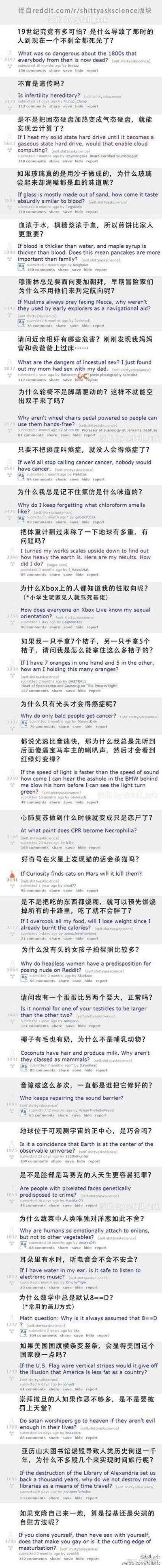 这是一张竖屏超长截图，搬运自Reddit的r/shittyaskscience板块，由用户@fall_ark汉化。图中收录了数十个逻辑离谱、脑洞大开的搞笑提问，每个问题都配有英文原文、发布信息和评论数，内容涵盖各种无厘头的脑洞，比如：
1. 19世纪究竟有多可怕？是什么导致了那时的人到现在一个不剩全都死光了？
2. 只要不把癌症叫癌症，就没人会得癌症了？
3. 为什么我总是记不住氯仿是什么味道的？（冷笑话：氯仿会使人失忆）
4. 如果我一只手拿7个桔子，另一只手拿5个桔子，请问我是怎么能拿住这么多桔子的？
还有诸如利用穆斯林朝拜导航、把体重计翻过来称地球重量等奇葩提问，整体充满滑稽的无厘头趣味，部分问题带有冷笑话和梗，比如Xbox的提问玩了玩家互骂的梗，数学题的提问玩了字符谐音的低俗梗。