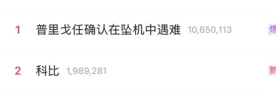 这是一张社交媒体平台的实时热搜榜单截图，画面中呈现了两条排名靠前的热搜内容。位列榜首的是“普里戈任确认在坠机中遇难”，其热度数值达到10,650,113，右侧带有代表超高热度的“爆”字标签，说明该话题受到全网高度关注；排名第二的是仅以人名“科比”作为标题的热搜，热度为1,989,281，右侧带有“新”字标签，表明这是刚刚登上热搜的新话题。整个榜单采用简洁的文字排版，清晰展示了话题的排名、标题、热度以及热度标识，无谐音梗、双关或暗示内容。
