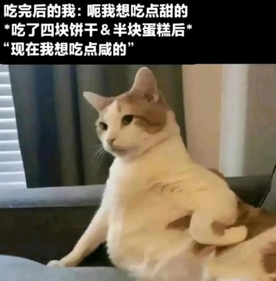 这是一张静态文字加注类的宠物表情包，图中一只胖橘白猫以类似人类的慵懒姿态瘫坐在沙发上，神态满足又带点纠结。图上方的文字精准描述了很多吃货的日常状态：吃完东西后先是想吃甜的，在食用了四块饼干和半块蛋糕这类甜食后，又立刻转变口味想吃咸的，用猫咪的慵懒神态对应吃完甜食后满足却又嘴馋想换口味的状态，生动有趣，容易引发吃货群体的共鸣。