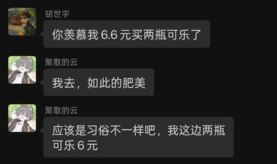 这是一张社交软件的聊天记录截图，用户胡世宇向对方炫耀自己仅花6.6元就买到了两瓶可乐，另一位用户“聚散的云”先是用口语化的夸张表达“我去，如此的肥美”感慨价格划算，随后又表示自己所在地区两瓶可乐售价仅6元，还开玩笑将两地可乐的价格差异归结为“习俗不一样”，整体对话轻松接地气，充满日常闲聊的搞笑感。