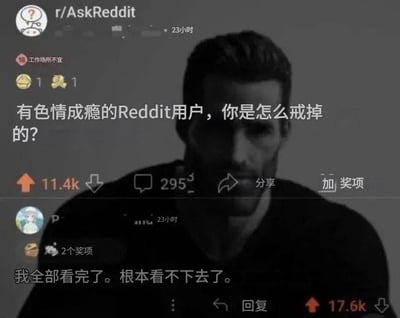 这张梗图将Reddit社区的经典发帖问答截图，与欧美流行的“Sigma男”表情包结合，表现网友面对网络色情内容泛滥后，从沉迷到感到无趣和疲惫的心理状态。有一种自嘲、讽刺的幽默感。经典评论“我全部看完了，根本看不下去了”成为此类话题下的流行梗句，表达了网友对网络色图的厌倦心态。整体语气轻松调侃但带有亚文化自省色彩。
