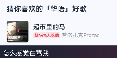 这是一张音乐推荐界面的截图，上方显示"猜你喜欢的「华语」好歌"标题，中间推荐了一首名为《超市里的马》的歌曲，显示有超46%的人收藏，歌手为普洛扎克Prozac。最下方有一行吐槽文字"怎么感觉在骂我"，形成了幽默效果。