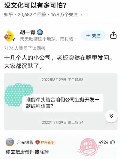 这是一张知乎问答截图，标题为“没文化可以有多可怕？”，显示该问题有20,682个回答和16.9万个关注。用户胡一青分享了一个职场小故事：十几个人的小公司里，老板突然在群里发问“谁能牵头结合咱们公司业务开发一款编程语言？”，导致群内沉默。随后用户“月光银影”以“你去把唐僧师徒除掉”的神评幽默吐槽老板的不切实际，形成强烈的搞笑对比效果。