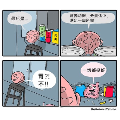 这是一则四格幽默漫画，采用人体器官拟人的创作方式：第一格，拟人化的大脑站在凳子上，正在橱柜中整理最后一批罐装食物，包含汤类、杂粮、肉类等品类，配文“最后是...”；第二格，大脑背对着镜头，看着整理好的食物，满意地表示“营养均衡，分量适中，满足一周所需！”；第三格，大脑站在凳子上，发现原本装满食物的橱柜变得空空如也，震惊地大喊“胃?!不!!”，画面下方露出胃的一小部分；第四格，胃坐在一片被拆开的食物包装和残渣中间，周围散落着汤罐、杂粮罐、肉类包装的残骸，它一脸慌张却强装镇定地说“一切都挺好”，通过理性规划的大脑和随性“搞破坏”的胃之间的反差，制造出搞笑的效果。