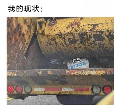 这是一张引发情绪共鸣的网络梗图，顶部配有文字“我的现状：”，主体画面是一辆老旧生锈的工程车，其沉重的机械结构下方，死死压着一个印有英文“DREAMS”的盒子，盒子上被标注了中文“梦想”。用这种极具画面感的方式，比喻当代人在生活、职场的沉重压力下，自己的梦想被现实牢牢压制、无法实现的无奈处境，精准戳中了很多人在压力下梦想被搁置、消磨的心境。