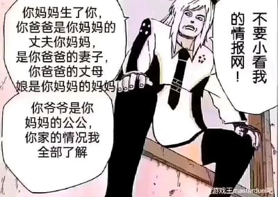 这是一张图文混排的搞笑二次创作梗图，图中是一位有着浅色长发、身着黑白制服的动漫角色，他表情严肃，单腿屈膝、一只手搭在高处，摆出一副底气十足的姿态。角色的两个对白气泡里，先是说出了一连串完全是常识性亲属关系的内容：“你妈妈生了你，你爸爸是你妈妈的丈夫你妈妈，是你爸爸的妻子，你爸爸的丈母娘是你妈妈的妈妈...你爷爷是你妈妈的公公，你家的情况我全部了解”，紧接着又放出豪言“不要小看我的情报网！”。这张图用这种正确但毫无实际价值的废话，来伪装角色掌握了详尽的重要情报，制造出荒诞的反差感，达到搞笑效果，讽刺了那种看似掌握大量信息实则内容全是无用常识的情况。