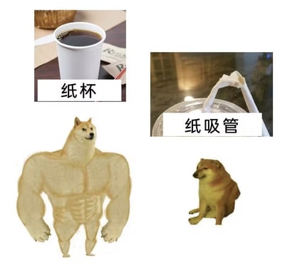 图片为四格拼贴形式，左上是一杯装有黑色液体的白色纸杯，下方标注“纸杯”；右上是一根已变形的纸吸管插在饮料杯盖上，下方标注“纸吸管”；左下是肌肉发达的柴犬（Buff Doge）形象，展现出强壮的体态；右下是正常坐着的柴犬（Cheems），显得乖巧弱小。通过纸杯对应强壮柴犬、纸吸管对应弱小柴犬的对比，幽默调侃了纸吸管易变形的特点与纸杯的稳固形成反差。